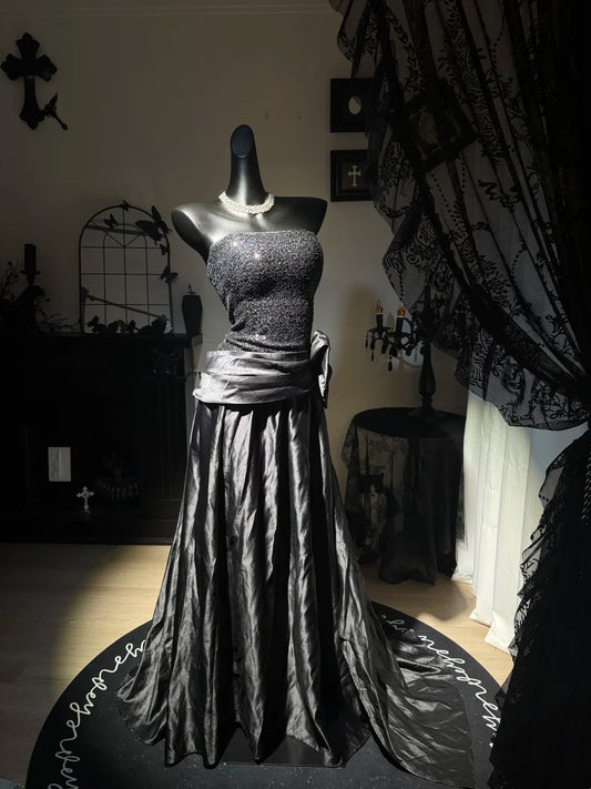 Strapless Black Satin Prom Dress Birthday Dress With Bow   J10836