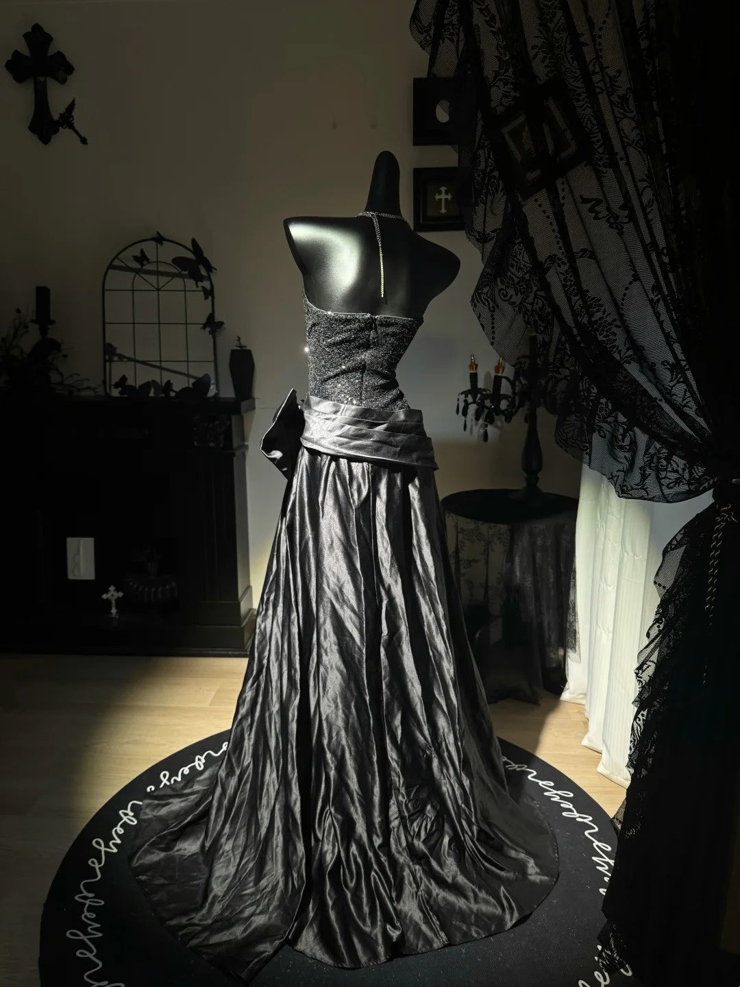 Strapless Black Satin Prom Dress Birthday Dress With Bow   J10836