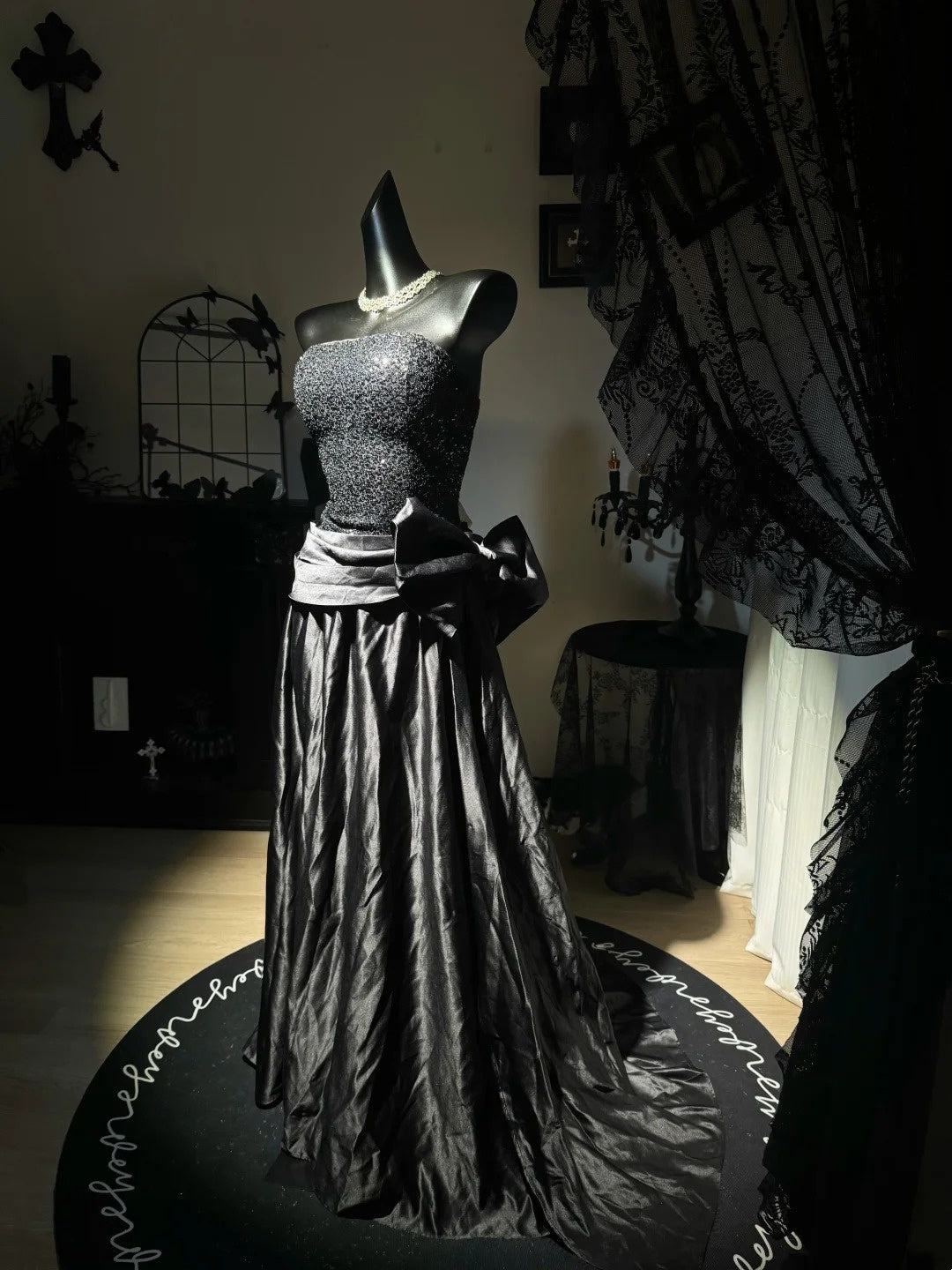 Strapless Black Satin Prom Dress Birthday Dress With Bow   J10836