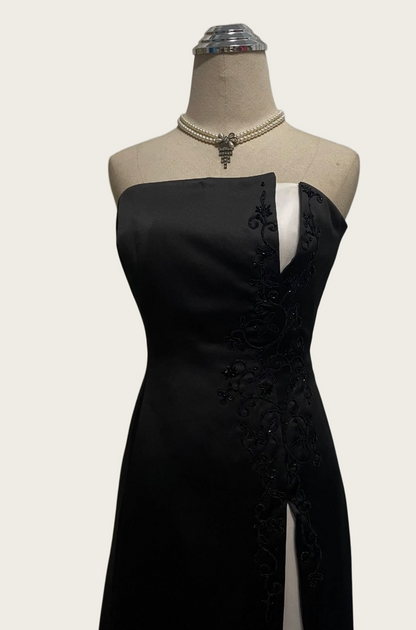 Trägerloses silbernes Vintage-Abendkleid, A-Linie, Geburtstagskleid J9370