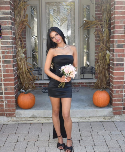 Strapless Black Satin Sheath Homecoming Dress Short Birthday Dress With Bow Knot J12171