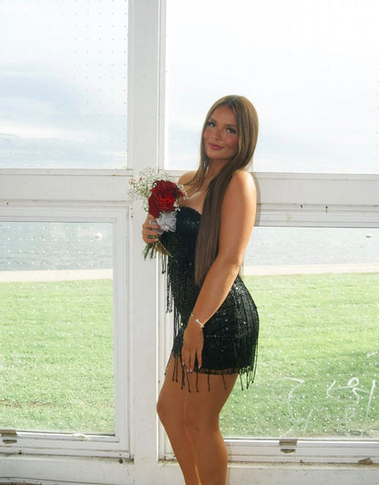 Strapless Black Sheath Birthday Dress With Beaded Tassel  J12004