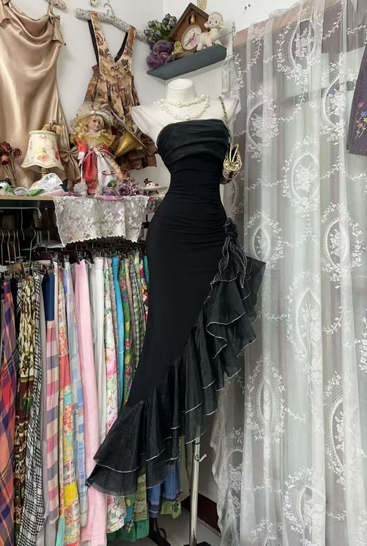 Strapless Black Sheath Prom Dress Ruffled Birthday Dress  J10531