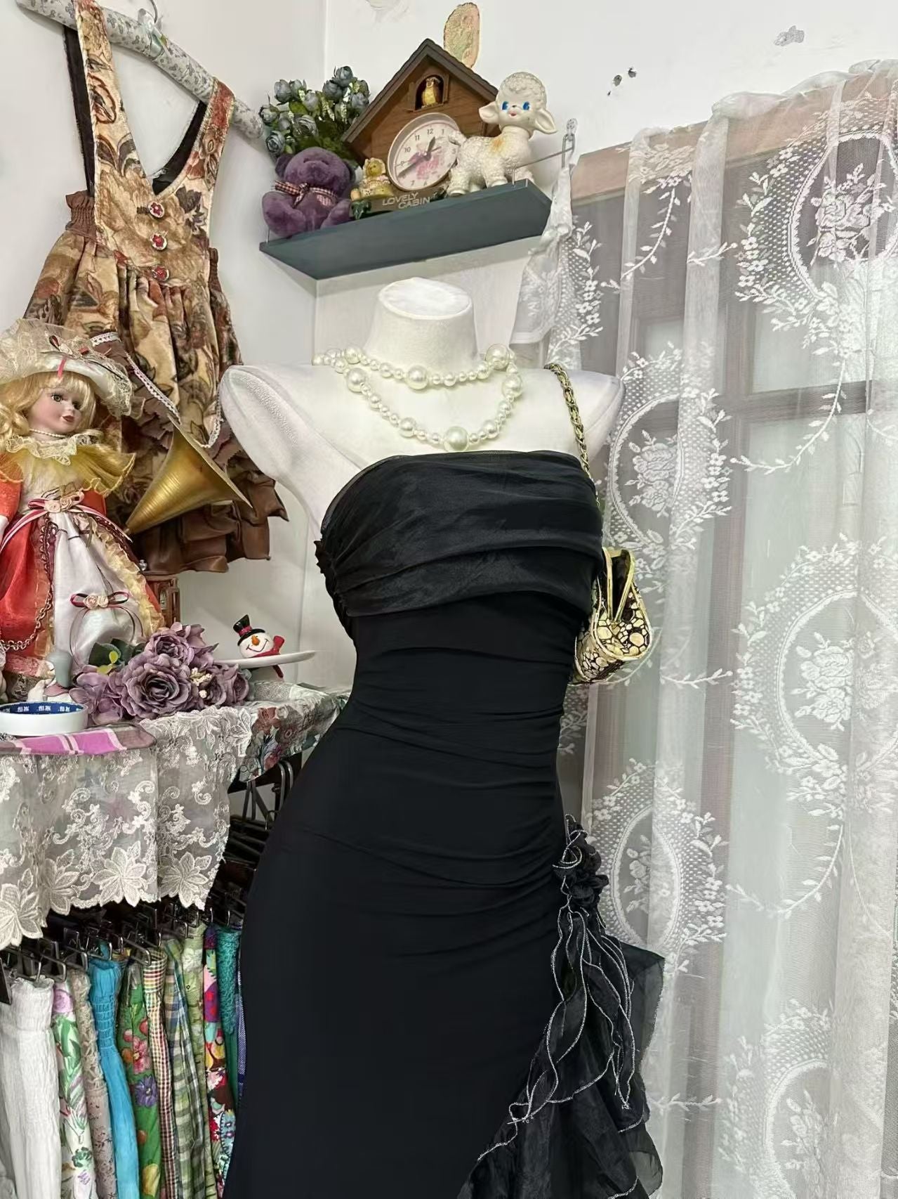 Strapless Black Sheath Prom Dress Ruffled Birthday Dress  J10531