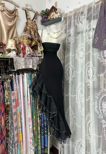 Strapless Black Sheath Prom Dress Ruffled Birthday Dress  J10531