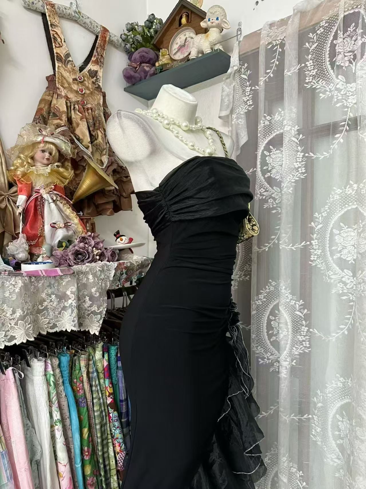 Strapless Black Sheath Prom Dress Ruffled Birthday Dress  J10531