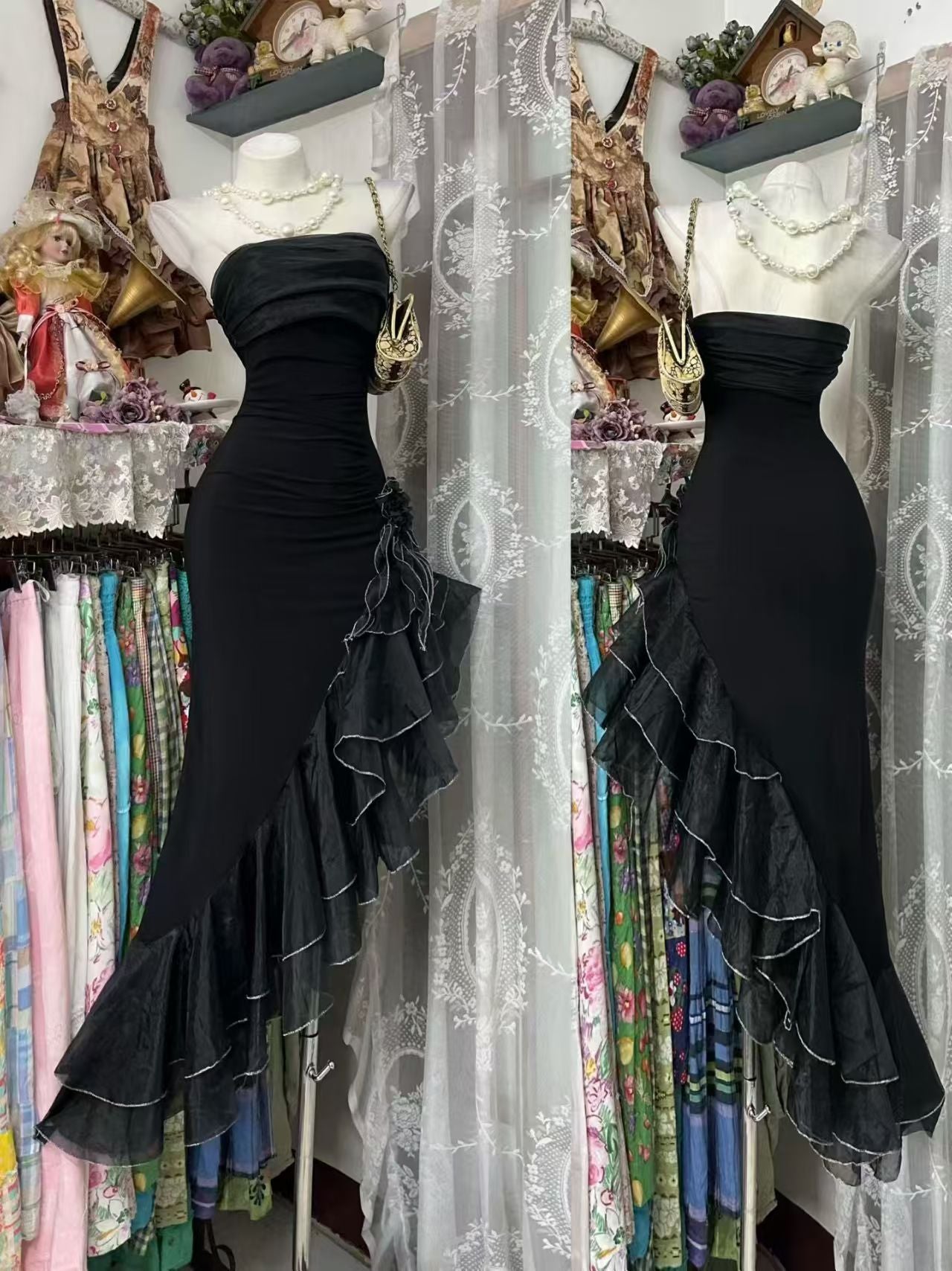 Strapless Black Sheath Prom Dress Ruffled Birthday Dress  J10531