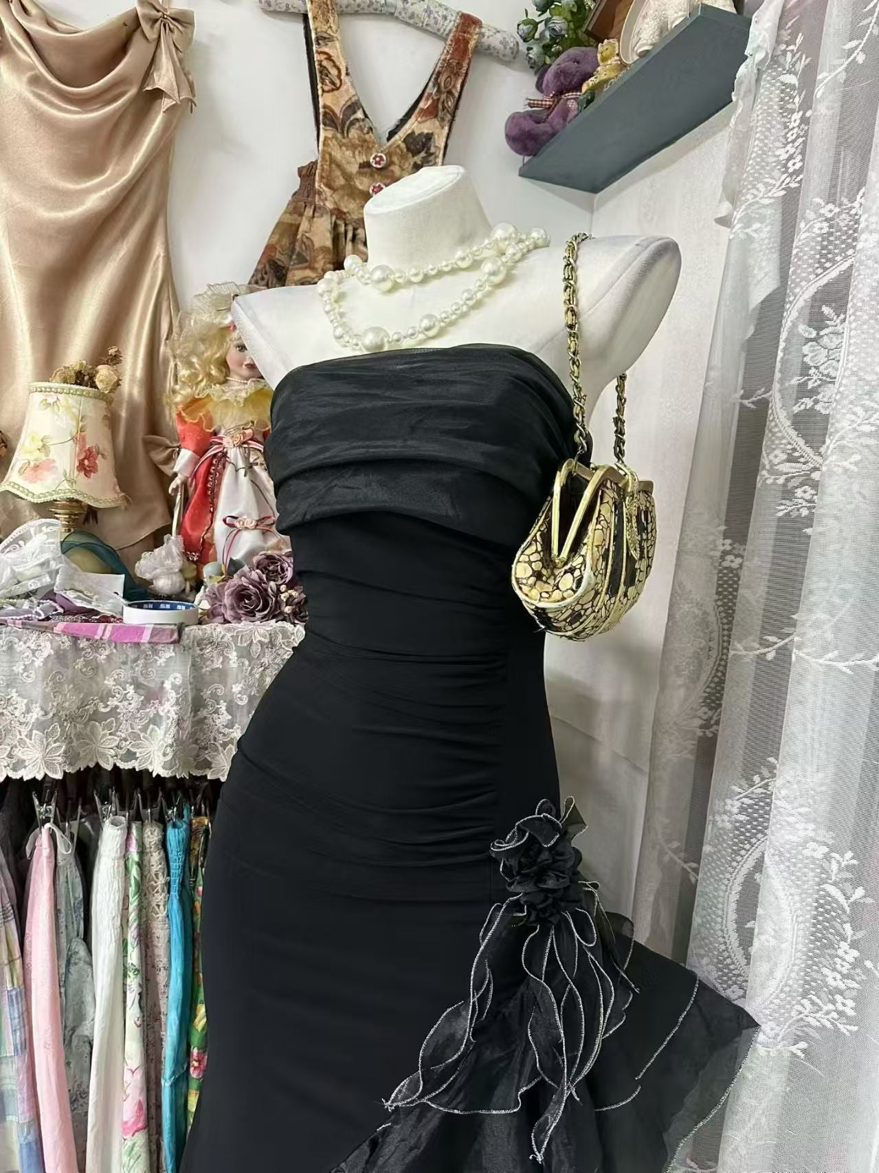Strapless Black Sheath Prom Dress Ruffled Birthday Dress  J10531