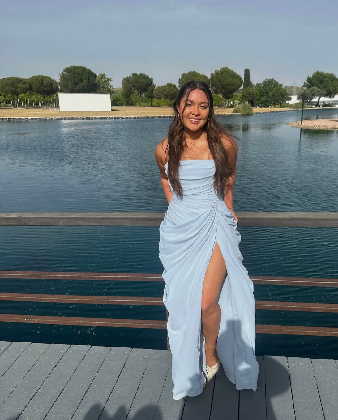 Strapless Blue Chiffon Formal Prom Dress Wedding Guest Dress J12120