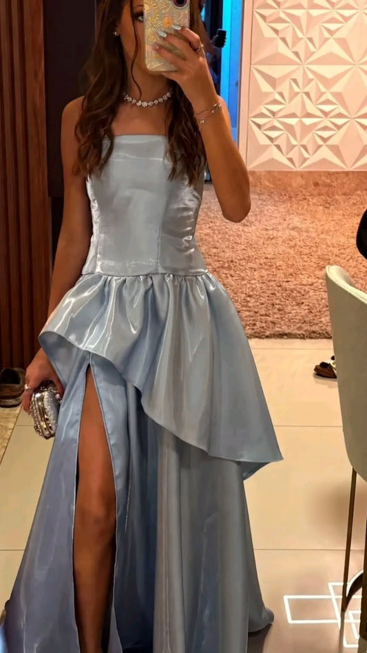 Strapless Blue Formal Wedding Guest Dress Ruffled Prom Dress  J11810