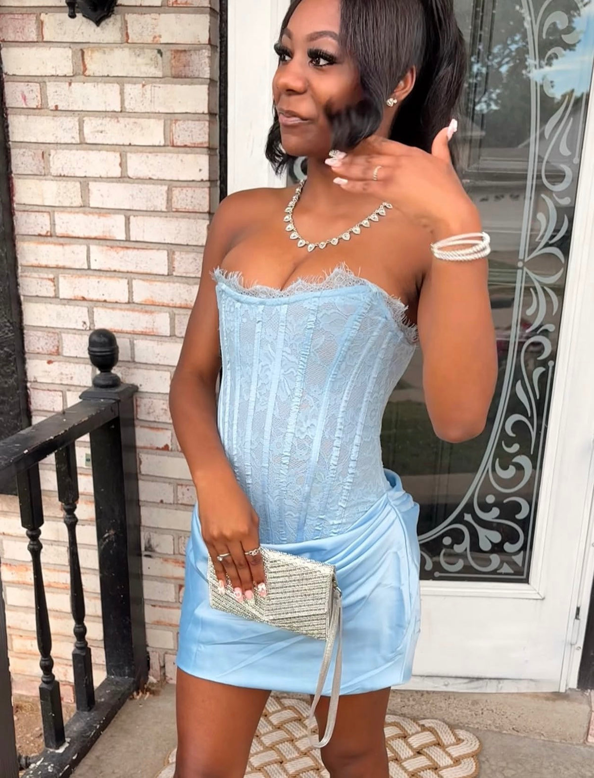 Strapless Blue Lace Satin Mini Birthday Dress  J12077