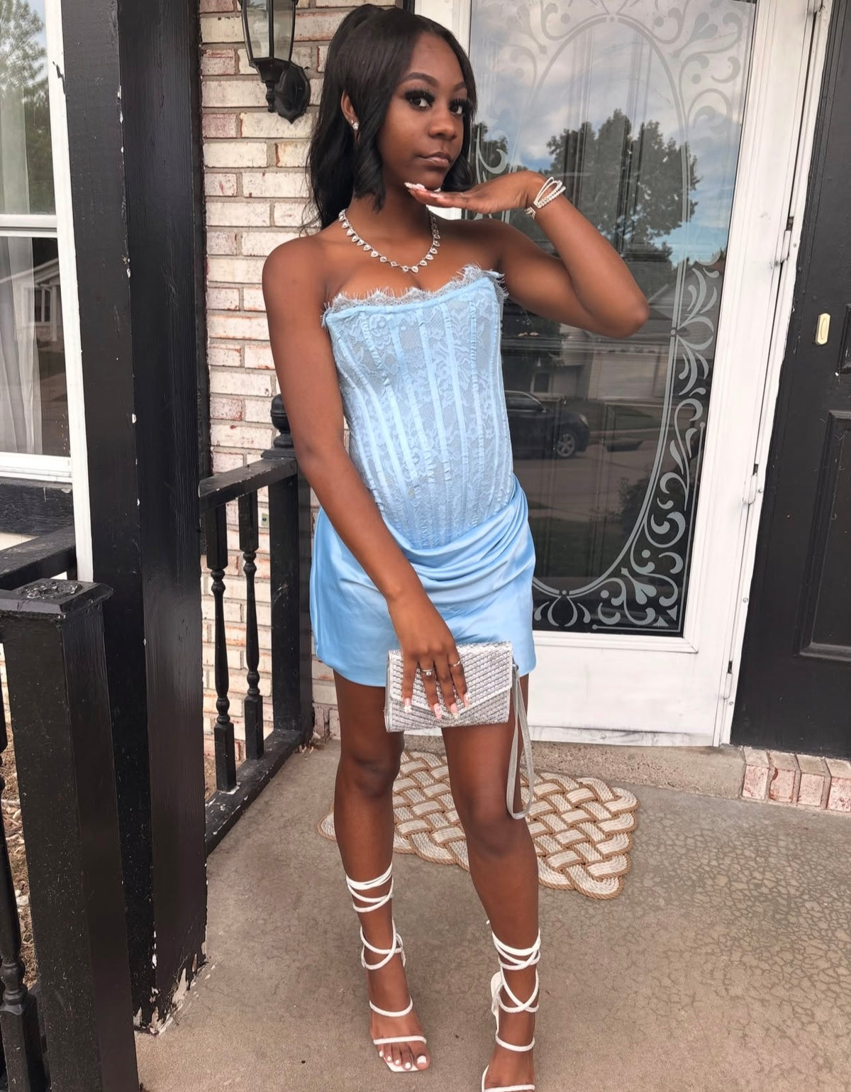 Strapless Blue Lace Satin Mini Birthday Dress  J12077