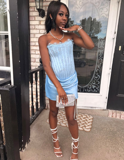Strapless Blue Lace Satin Mini Birthday Dress  J12077