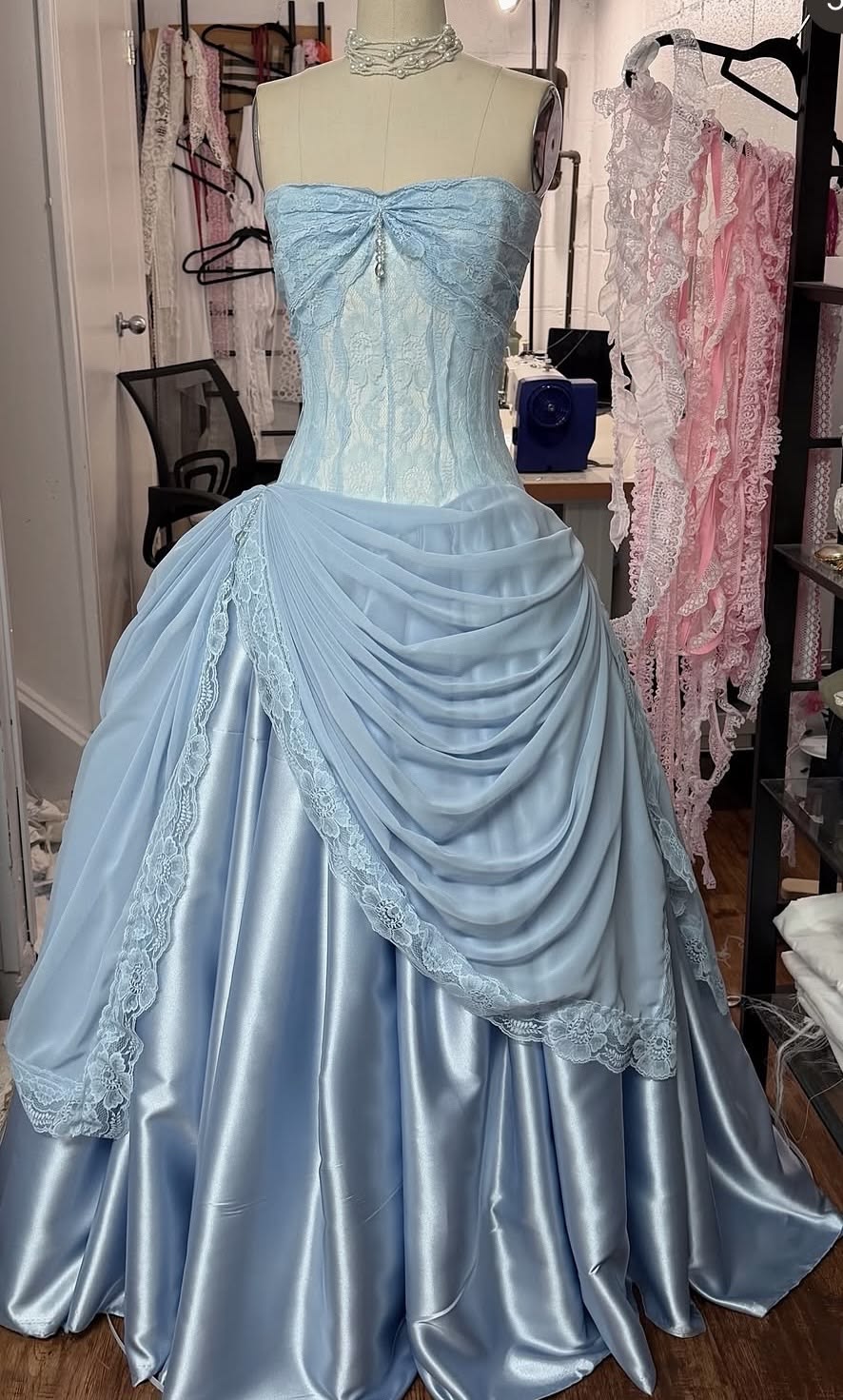 Strapless Blue Lace Satin Retro Prom Dress Birthday Gown  J12035