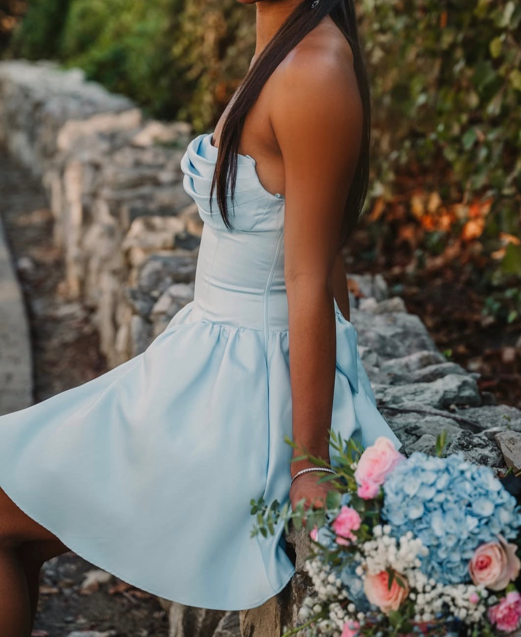 Strapless Blue Satin A Line Birthday Dress Homecoming Dress  J11976
