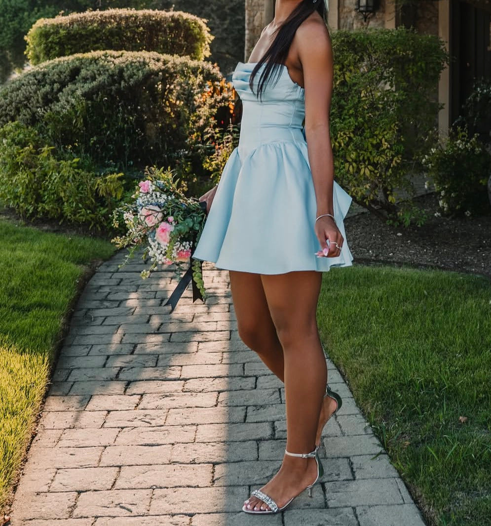 Strapless Blue Satin A Line Birthday Dress Homecoming Dress  J11976