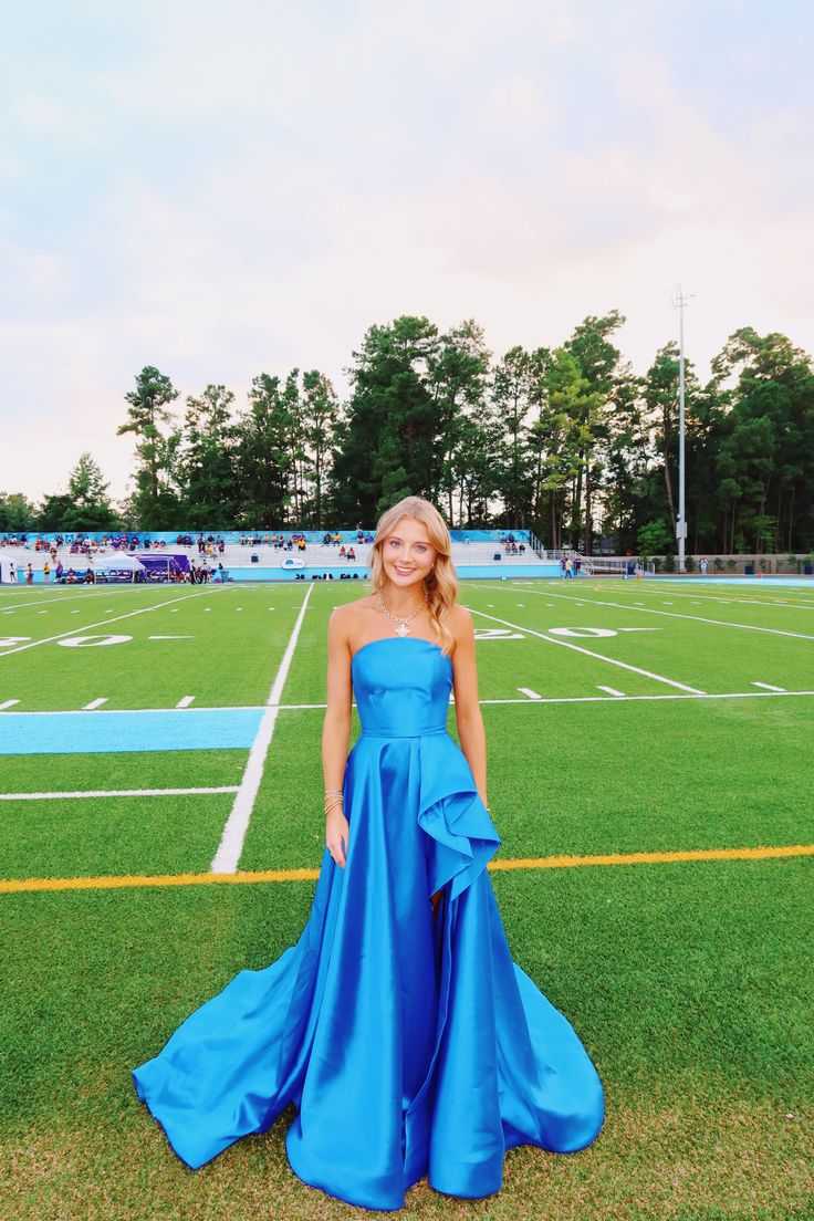 Strapless Blue Satin Formal Prom Dress A Line Ruffled Wedding Guest Dress  J11931
