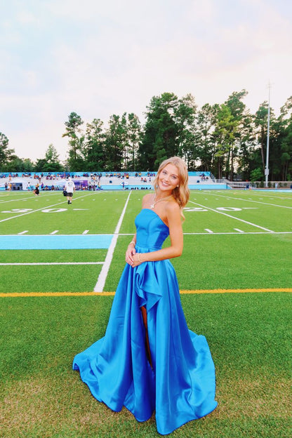Strapless Blue Satin Formal Prom Dress A Line Ruffled Wedding Guest Dress  J11931
