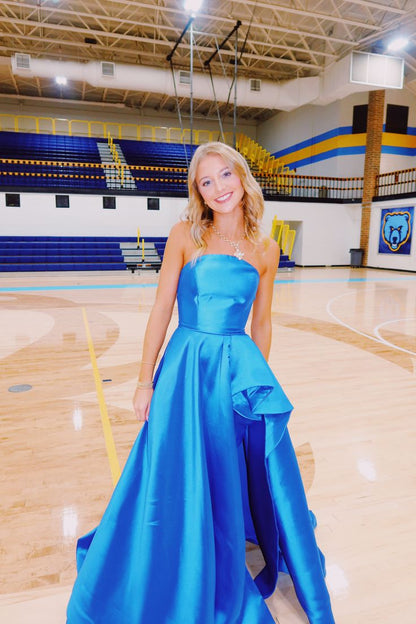 Strapless Blue Satin Formal Prom Dress A Line Ruffled Wedding Guest Dress  J11931