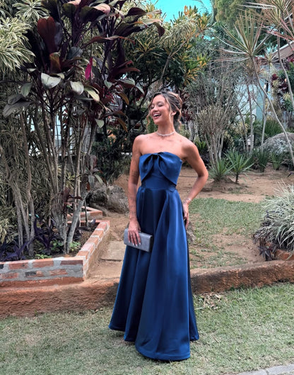 Strapless Blue Satin Formal Wedding Guest Dress A Line Prom Dress  J11905