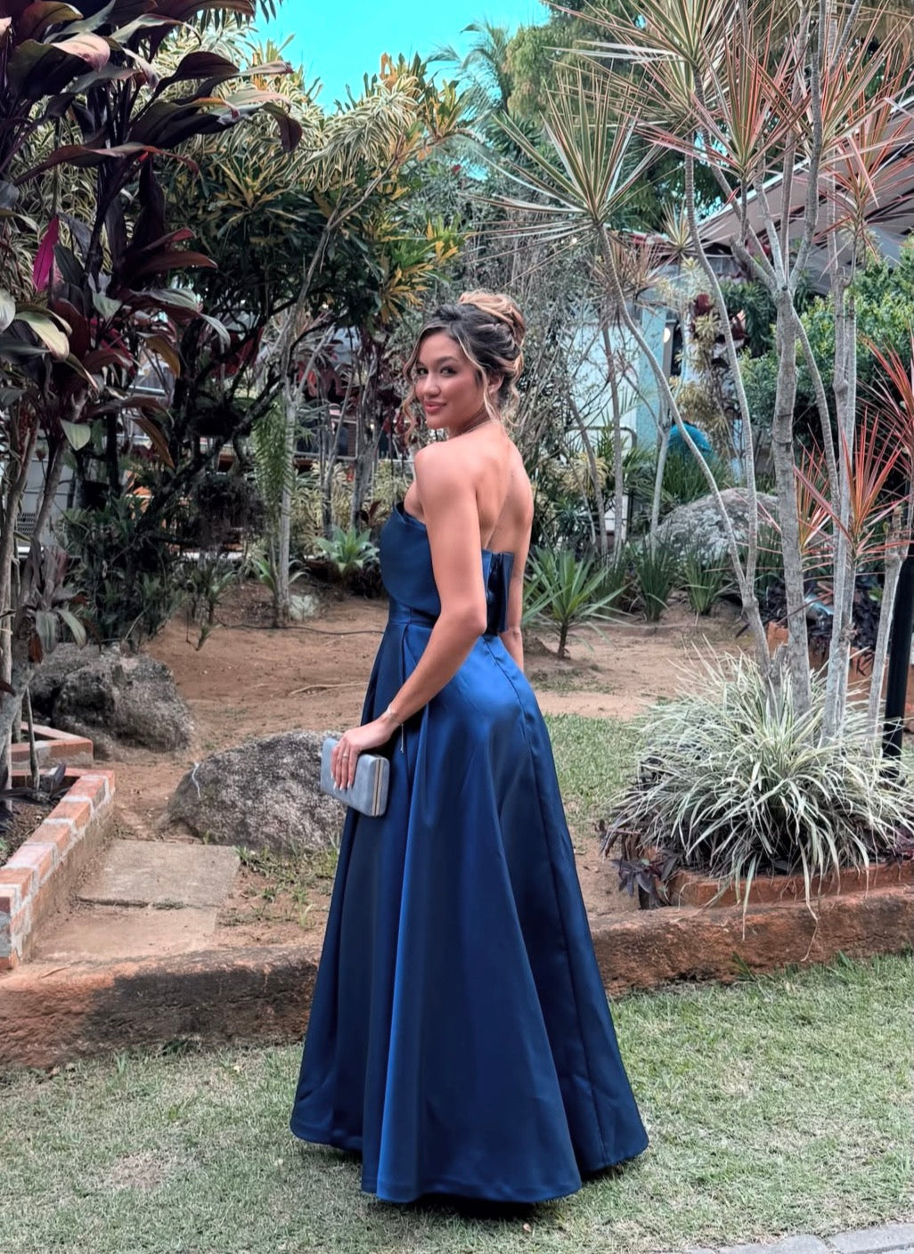 Strapless Blue Satin Formal Wedding Guest Dress A Line Prom Dress  J11905