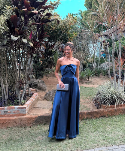 Strapless Blue Satin Formal Wedding Guest Dress A Line Prom Dress  J11905