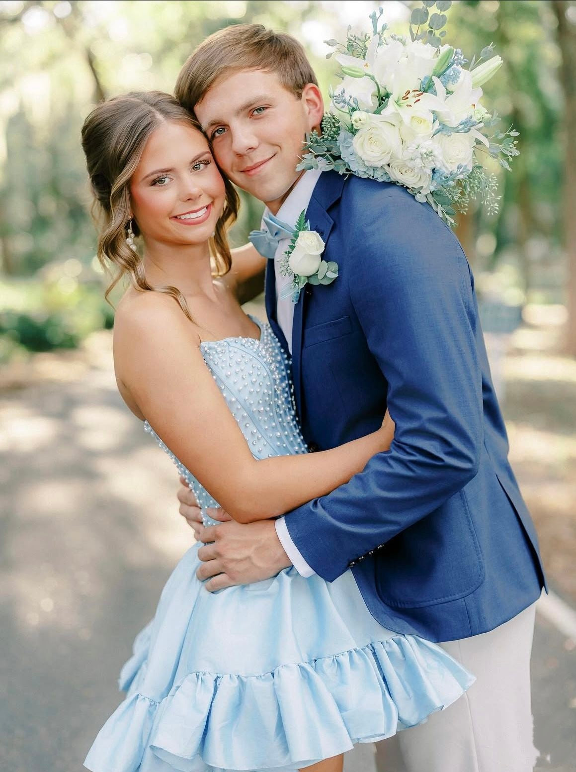 Strapless Blue Satin Homecoming Dress Pearl Beaded Short Dress J10638 – JulyProm