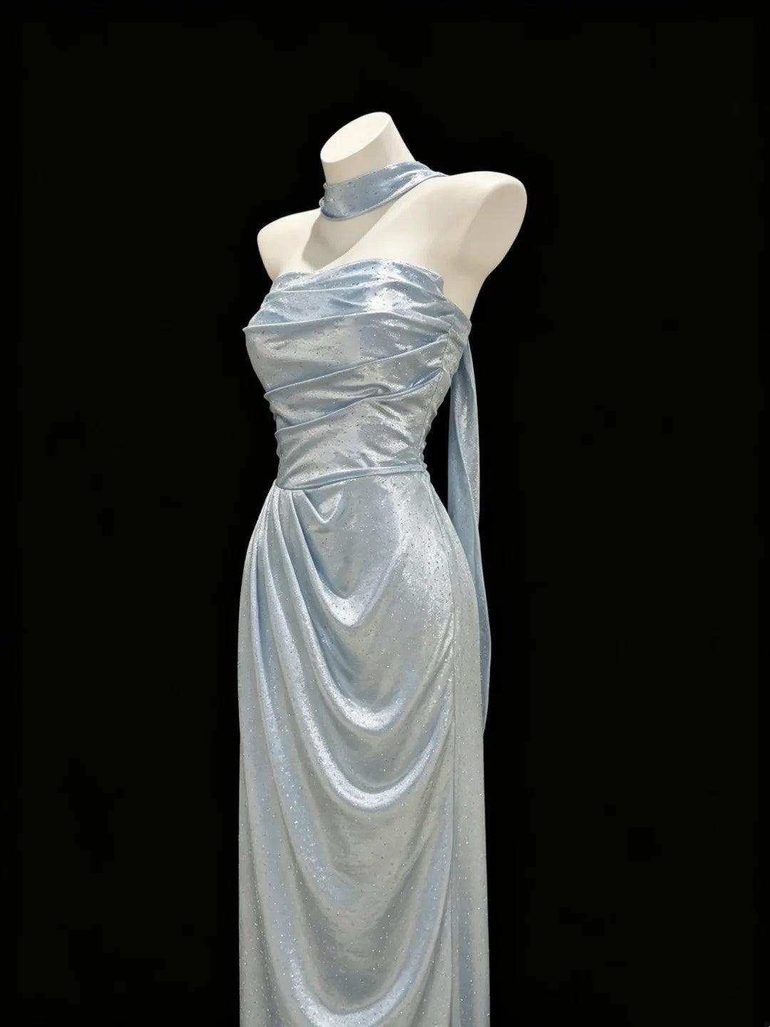 Trägerloses silbernes Vintage-Abendkleid, A-Linie, Geburtstagskleid J9370