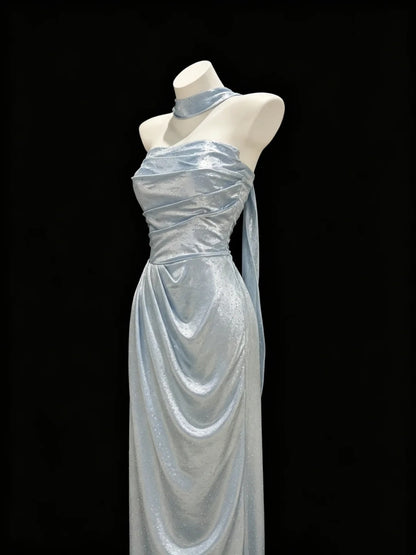 Trägerloses silbernes Vintage-Abendkleid, A-Linie, Geburtstagskleid J9370