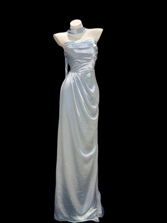 Trägerloses silbernes Vintage-Abendkleid, A-Linie, Geburtstagskleid J9370