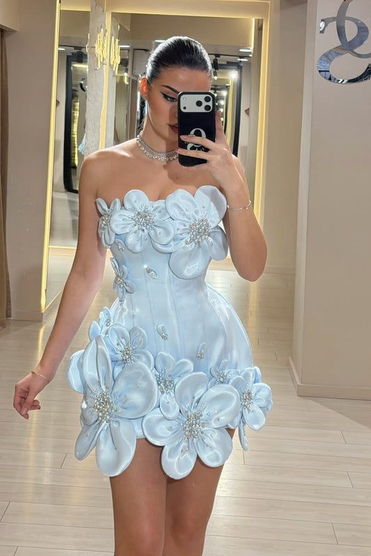 Strapless Blue Sheath Birthday Dress Homecoming Dress With Flora  J11316