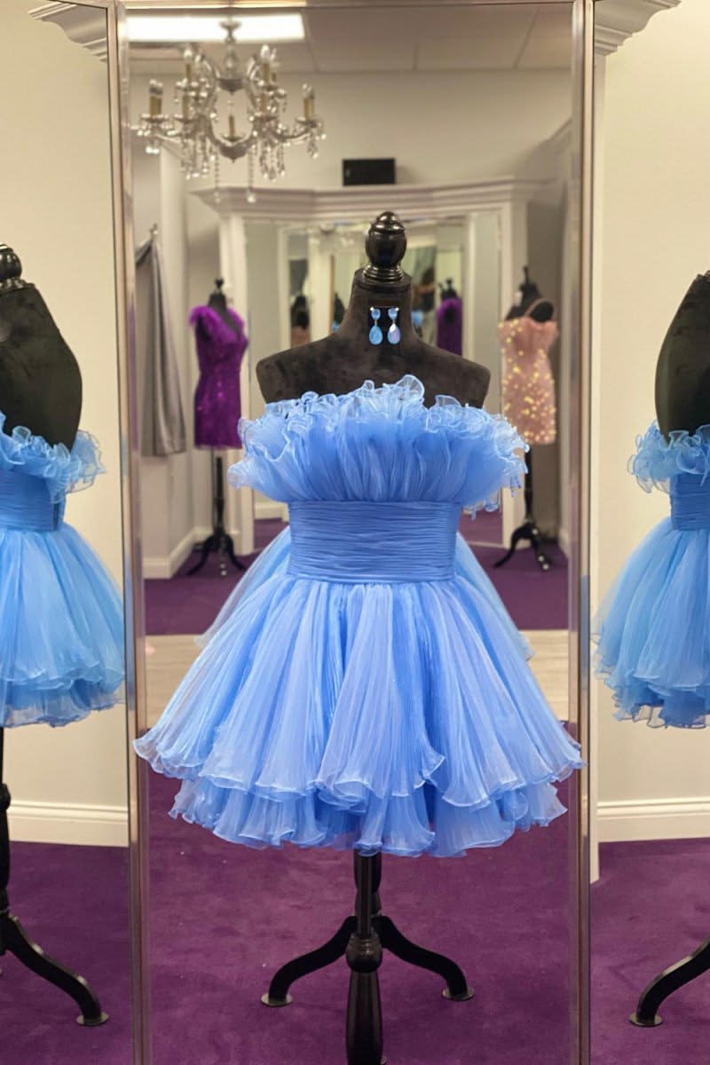 Strapless Blue Tulle Homecoming Dress Ruffled Short Party Dress  J11213