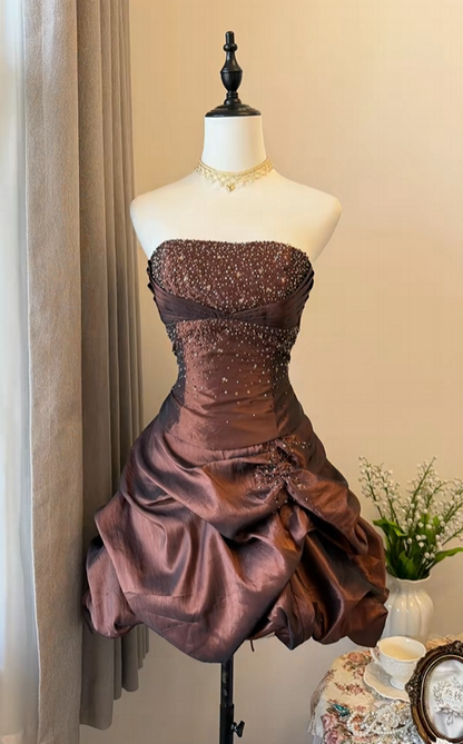 Trägerloses silbernes Vintage-Abendkleid, A-Linie, Geburtstagskleid J9370