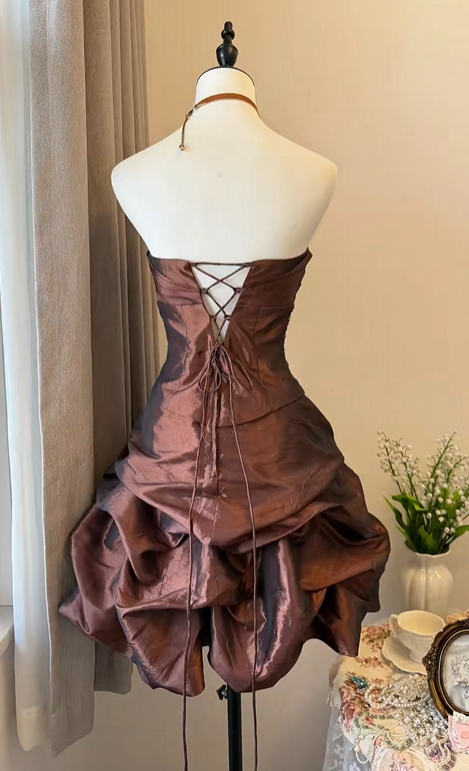 Trägerloses silbernes Vintage-Abendkleid, A-Linie, Geburtstagskleid J9370