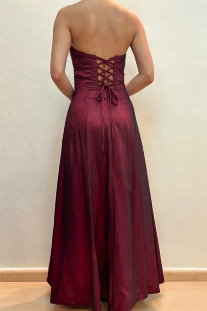 Strapless Burgundy A Line Beaded Retro Prom Dress J10217