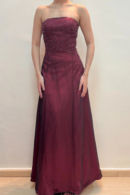 Strapless Burgundy A Line Beaded Retro Prom Dress J10217