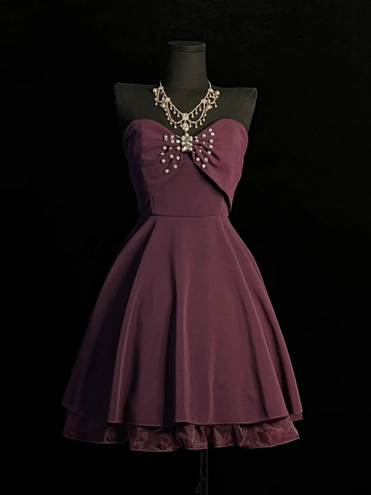 Strapless Burgundy A Line Homecoming Dress Chiffon Birthday Dress  J10413