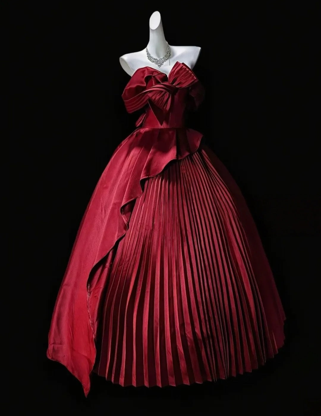 Strapless Burgundy A Line Satin Prom Dress Pleated Birthday Gown J10826
