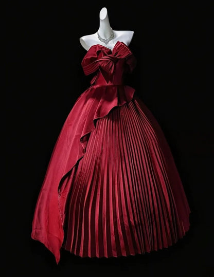 Strapless Burgundy A Line Satin Prom Dress Pleated Birthday Gown J10826