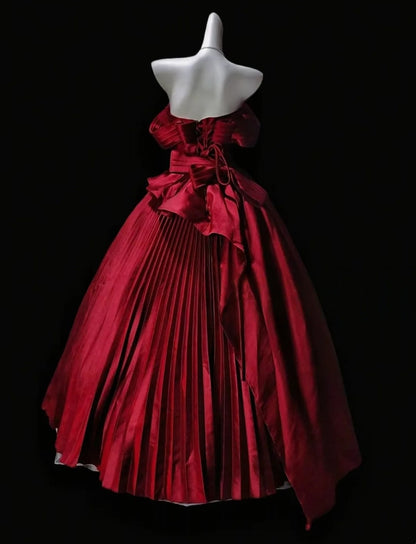 Strapless Burgundy A Line Satin Prom Dress Pleated Birthday Gown J10826