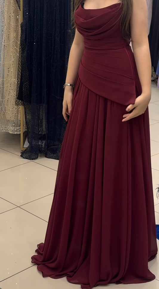 Strapless Burgundy Chiffon Formal Prom Dress Wedding Guest Dress  J10086