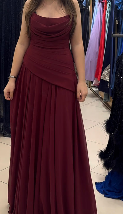 Strapless Burgundy Chiffon Formal Prom Dress Wedding Guest Dress  J10086