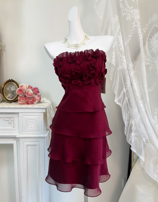Strapless Burgundy Chiffon Homecoming Dress Short Birthday Dress  J10463