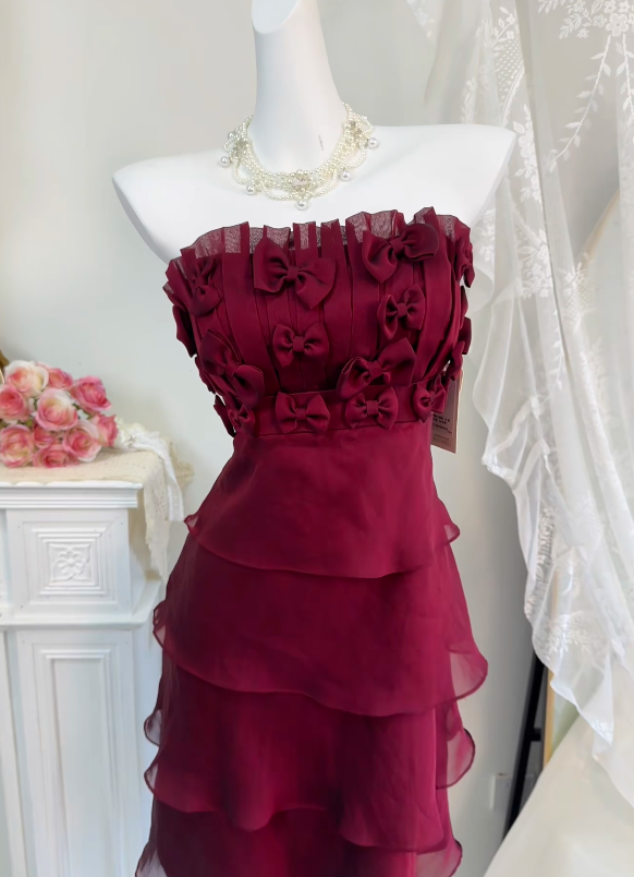 Strapless Burgundy Chiffon Homecoming Dress Short Birthday Dress  J10463