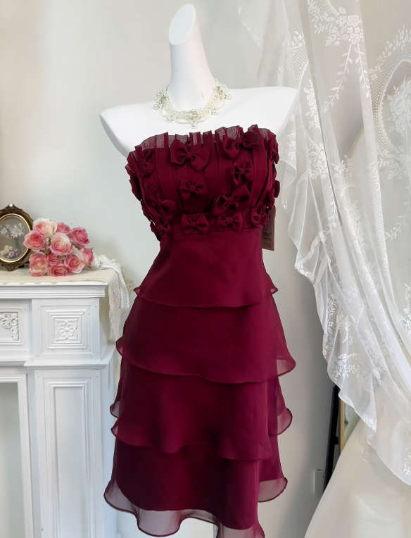 Strapless Burgundy Chiffon Homecoming Dress Short Birthday Dress  J10463