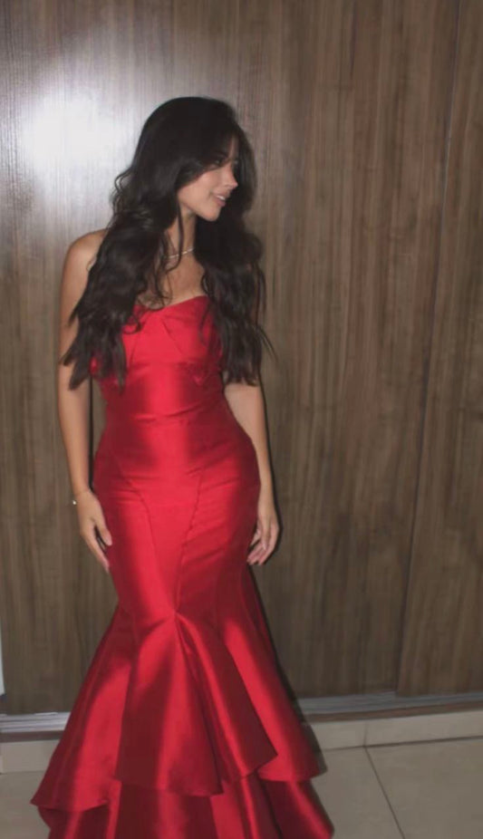 Strapless Burgundy Mermaid Formal Prom Dress Satin Evening Gown J11832