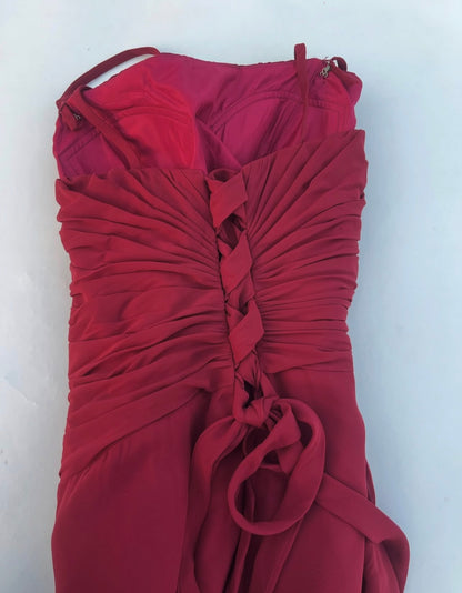 Strapless Burgundy Retro Prom Dress With Floral  J12111