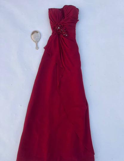 Strapless Burgundy Retro Prom Dress With Floral  J12111