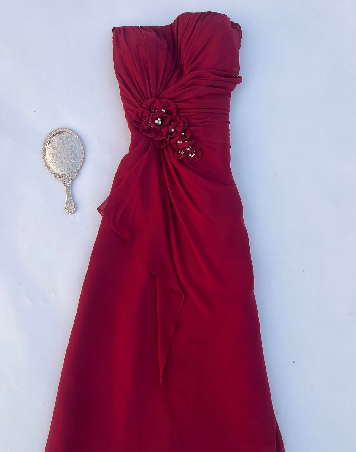 Strapless Burgundy Retro Prom Dress With Floral  J12111