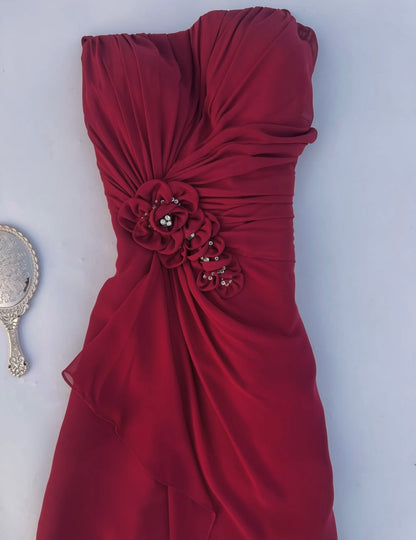 Strapless Burgundy Retro Prom Dress With Floral  J12111